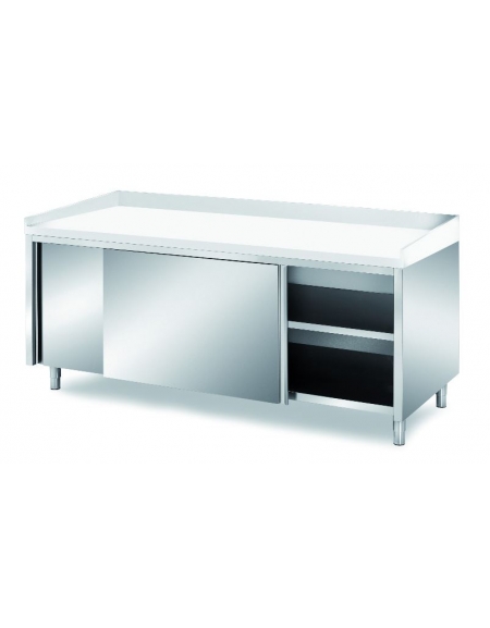 TAVOLO INOX PANETTERIA AMADIATO CON ANTE SCORREVOLI - CON PIANO E ALZATINE IN POLIETILENE - CM. 180X80X85H