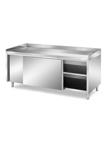 TAVOLO INOX PANETTERIA AMADIATO CON ANTE SCORREVOLI - CON PIANO E ALZATINE IN INOX - CM. 180X80X85H