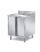 TAVOLO ARMADIATO INOX AISI 304 CON ALZATINA, 2 ANTE A BATTENTE E PANNELLATURA SOTTOPIANO INOX - CM 140X70X85H