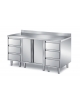 TAVOLO INOX AISI 304 CON 2 CASSETTIERE LATERALI A 3 CASSETTI + 2 ANTE A BATTENTE CENTRALI - SENZA ALZATINA - CM. 180X70X85H