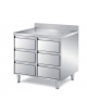 TAVOLO INOX AISI 304 A SEI CASSETTI - CON ALZATINA - CM. 130X70X85H