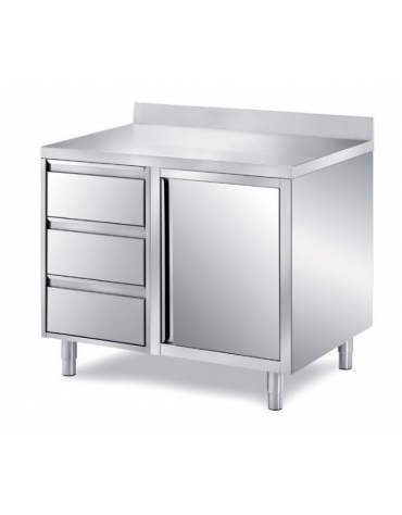 TAVOLO INOX CON CASSETTIERA A TRE CASSETTI E ANTA A BATTENTE - SENZA ALZATINA - CM. 90X70X85H