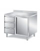 TAVOLO INOX AISI 304 CON CASSETTIERA A TRE CASSETTI E ANTA A BATTENTE - SENZA ALZATINA - CM. 90X70X85H