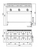CUCINA A GAS 3 FUOCHI IN LINEA SU VANO - CON 2 BRUCIATORI DA 12 KW ED 1 BRUCIATORE DA 7 KW - CM 120x60x90H