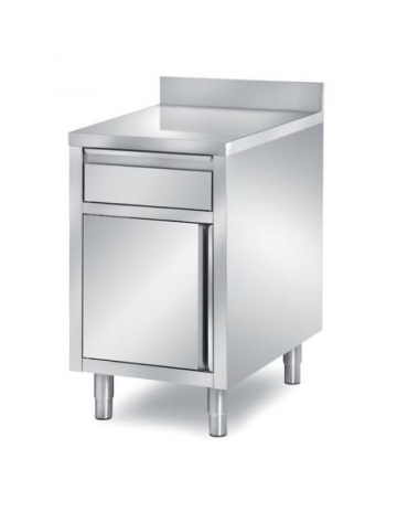 TAVOLO INOX A GIORNO CON CASSETTO SOTTO PIANO - CON ALZATINA - CM. 70X70X85H