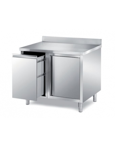 TAVOLO ARMADIATO INOX CON ANTA BATTENTE E CASSETTONE ESTRAIBILE - SENZA ALZATINA - CM. 100X70X85H