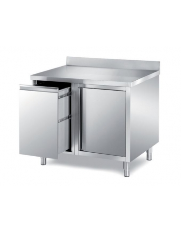 TAVOLO ARMADIATO INOX CON ANTA BATTENTE E CASSETTONE ESTRAIBILE - SENZA ALZATINA - CM. 110X70X85H