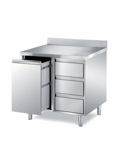 TAVOLO ARMADIATO INOX CON CASSETTIERA A TRE CASSETTI E CASSETTONE ESTRAIBILE - SENZA ALZATINA - CM. 90X70X85H