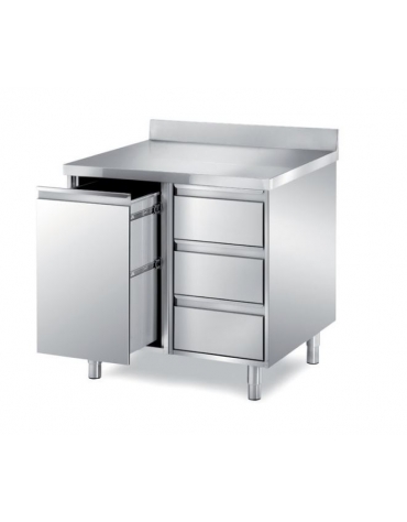 TAVOLO ARMADIATO INOX CON CASSETTIERA A TRE CASSETTI E CASSETTONE ESTRAIBILE - SENZA ALZATINA - CM. 120X70X85H