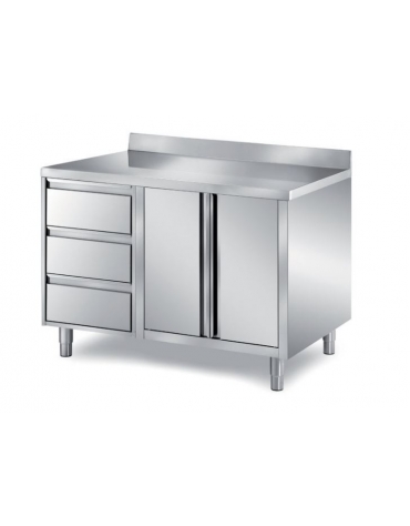 TAVOLO ARMADIATO INOX CON CASSETTIERA A TRE CASSETTI E DUE ANTE BATTENTI - SENZA ALZATINA - CM. 120X70X85H