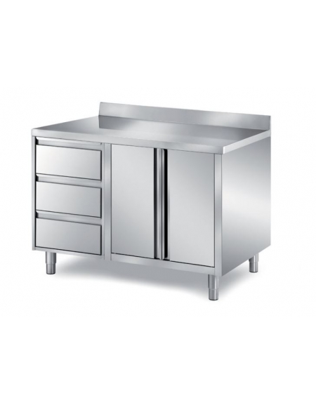 TAVOLO ARMADIATO INOX CON CASSETTIERA A TRE CASSETTI E DUE ANTE BATTENTI - SENZA ALZATINA - CM. 140X70X85H