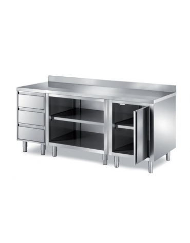 TAVOLO ARMADIATO INOX CON CASSETTIERA A TRE CASSETTI, ANTA BATTENTE E VANO A GIORNO - CON ALZATINA - CM. 120X70X85H