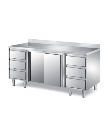 TAVOLO ARMADIATO INOX CON 2 CASSETTIERE A TRE CASSETTI E 2 ANTE SCORREVOLI - SENZA ALZATINA - CM. 160X70X85H