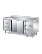 TAVOLO ARMADIATO INOX CON 2 CASSETTIERE A TRE CASSETTI E 2 ANTE SCORREVOLI - CON ALZATINA - CM. 160X70X85H