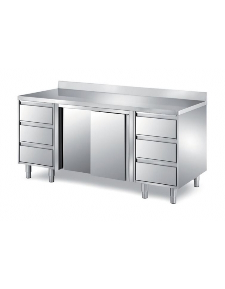 TAVOLO ARMADIATO INOX CON 2 CASSETTIERE A TRE CASSETTI E 2 ANTE SCORREVOLI - CON ALZATINA - CM. 200X70X85H