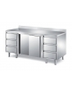 TAVOLO ARMADIATO INOX AISI 304 CON 2 CASSETTIERE A 3 CASSETTI E 2 ANTE SCORREVOLI - CON ALZATINA - CM. 200X70X85H