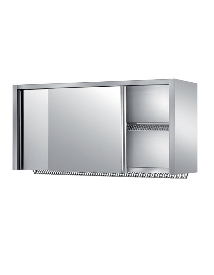 PENSILE INOX AISI 304 A PARETE CON PORTE SCORREVOLI E RIPIANI SCOLAPIATTI -  CM. 120X40X66H