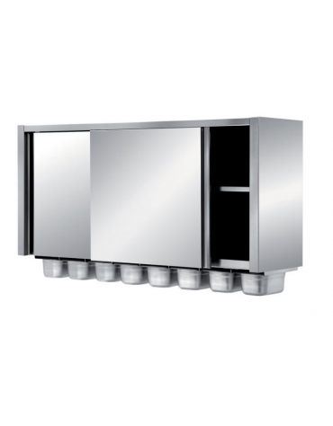 PENSILE A PARETE CON PORTE SCORREVOLI E CONTENITORI GN 1/4 H 100 MM - CM. 120X40X82H