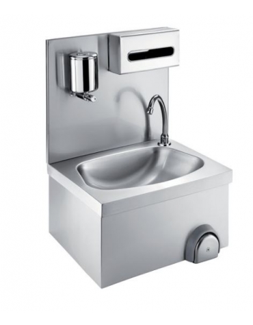 LAVAMANI A PARETE CON COMANDO A GINOCCHIO PORTASAPONE E PORTASALVIETTE INOX - CM. 50X40X52H