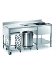 TAVOLO LAVORAZIONE INOX AISI 304 CON TAGLIERE IN POLIETILENE, PATTUMIERA E VASCA DESTRA - CM. 160X70X85H