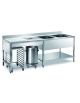 TAVOLO LAVORAZIONE INOX AISI 304 CON TAGLIERE IN POLIETILENE, PATTUMIERA E 2 VASCHE A DESTRA - CM. 200X70X85H