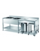 TAVOLO LAVORAZIONE INOX AISI 304 CON TAGLIERE IN POLIETILENE, PATTUMIERA E 2 VASCHE A SINISTRA - CM. 200X70X85H