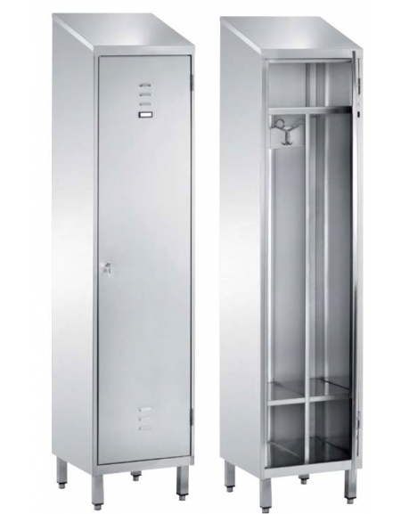 ARMADIO INOX AISI 304 SPOGLIATOIO 1 POSTO CON 1 ANTA A BATTENTE CON SERRATURA - TETTO INCLINATO - CM. 50X50X216H