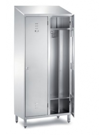 ARMADIO INOX AISI 304  SPOGLIATOIO 2 POSTI CON 2 ANTE A BATTENTE CON SERRATURA - TETTO INCLINATO - CM. 95X50X216H