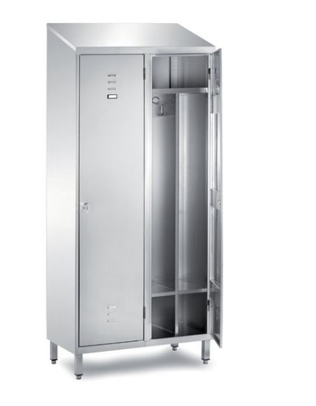 ARMADIO  INOX AISI 304 SPOGLIATOIO 2 POSTI CON 4 ANTE A BATTENTE CON SERRATURA - TETTO INCLINATO - CM. 95X50X216H