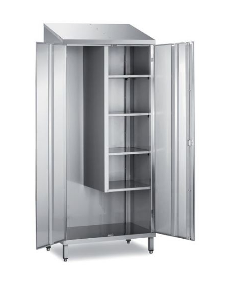 ARMADIO PORTASCOPE INOX AISI 304 - 2 ANTE A BATTENTE CON SERRATURA - LATO DX 3 RIPIANI E  SX VANO PORTASCOPE - CM 95X50X216H