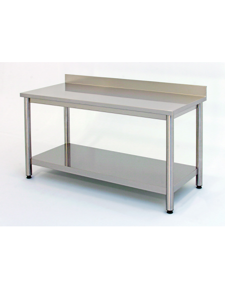 Tavolo inox su gambe tonde c/alzatina e ripiano cm. 80x60x85/90h