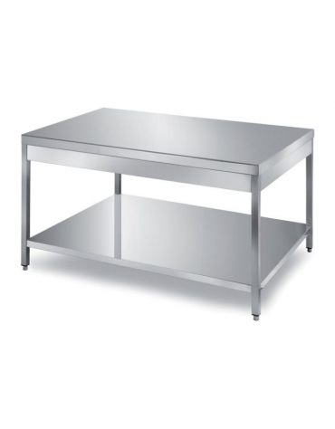 TAVOLO INOX CON 1 RIPIANO INFERIORE, ANGOLO RAGGIATO SU 1 FRONTE, BORDO H 60 MM - CM. 100X80X85H