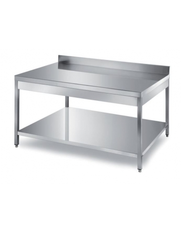 TAVOLO INOX CON 1 RIPIANO INFERIORE E ALZATINA, ANGOLO RAGGIATO SU 1 FRONTE, BORDO H 60 MM - CM. 100X80X85H