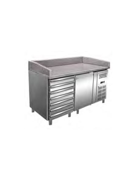 Tavolo refrigerato pizzeria 1 porta con 1 cassettiera a 7 cassetti neutri- Lt 190 - piano in granito - cm 151,5x80x100h