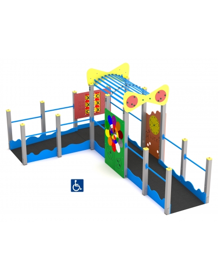 Percorso inclusivo galleria con struttura in alluminio - Pannelli decorativi in HDPE a forma di onda - cm 310x485x224h