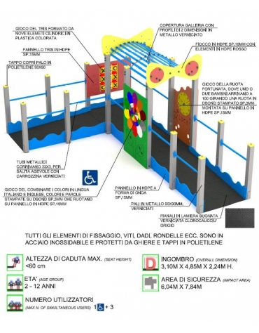 Percorso inclusivo galleria con struttura in alluminio - Pannelli decorativi in HDPE a forma di onda - cm 310x485x224h