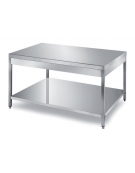 TAVOLO INOX CON 1 RIPIANO INFERIORE, ANGOLO RAGGIATO SU 1 FRONTE, BORDO H 60 MM - CM. 100X90X85H