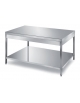 TAVOLO INOX AISI 304 CON 1 RIPIANO INFERIORE, ANGOLO RAGGIATO SU 1 FRONTE, BORDO H 60 MM - CM. 290X90X87H