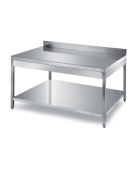 TAVOLO INOX CON 1 RIPIANO INFERIORE E ALZATINA, ANGOLO RAGGIATO SU 1 FRONTE, BORDO H 60 MM - CM. 110X90X85H