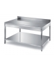 TAVOLO INOX AISI 304 CON 1 RIPIANO INFERIORE E ALZATINA, ANGOLO RAGGIATO SU 1 FRONTE, BORDO H 60 MM - CM. 120X90X87H