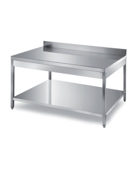 TAVOLO INOX CON 1 RIPIANO INFERIORE E ALZATINA, ANGOLO RAGGIATO SU 1 FRONTE, BORDO H 60 MM - CM. 200X90X85H