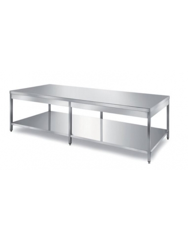 TAVOLO INOX CENTRALE CON 1 RIPIANO INFERIORE, ANGOLO RAGGIATO SU 2 FRONTI, BORDO H 60 MM - CM. 220X120X85H