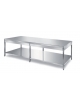 TAVOLO INOX AISI 304 CENTRALE CON 1 RIPIANO INFERIORE, ANGOLO RAGGIATO SU 2 FRONTI, BORDO H 60 MM - CM. 280X120X87H