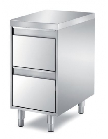 TAVOLO INOX CASSETTIERA A 2 CASSETI, ANGOLO RAGGIATO SU 1 FRONTE, BORDO H 60 MM - CM. 55X70X85H