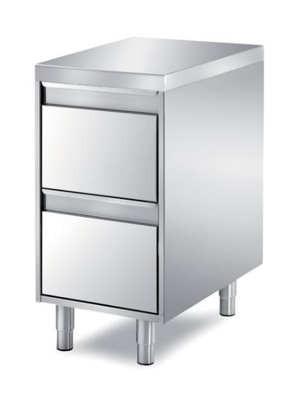 TAVOLO INOX CASSETTIERA A 2 CASSETI, ANGOLO RAGGIATO SU 1 FRONTE, BORDO H 60 MM - CM. 55X70X85H