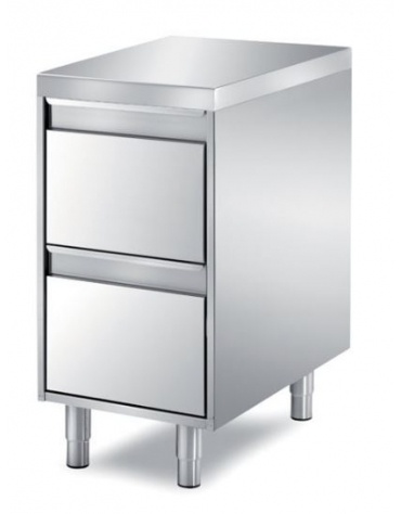 TAVOLO INOX AISI 304 CASSETTIERA A 2 CASSETTI, ANGOLO RAGGIATO SU 1 FRONTE, BORDO H 60 MM - CM 65X70X87H