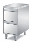 TAVOLO INOX AISI 304 CASSETTIERA A 2 CASSETTI, ANGOLO RAGGIATO SU 1 FRONTE, BORDO H 60 MM - CM. 45X90X87H