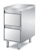 TAVOLO INOX AISI 304 CASSETTIERA A 2 CASSETTI, ANGOLO RAGGIATO SU 1 FRONTE, BORDO H 60 MM - CM. 65X90X87H