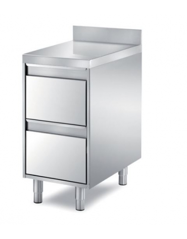 TAVOLO INOX CASSETTIERA A 2 CASSETI CON ALZATINA, ANGOLO RAGGIATO SU 1 FRONTE, BORDO H 60 MM - CM. 55X70X85H