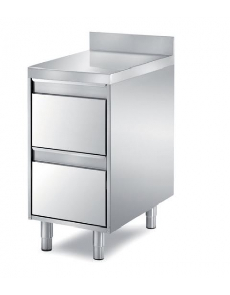 TAVOLO INOX CASSETTIERA A 2 CASSETI CON ALZATINA, ANGOLO RAGGIATO SU 1 FRONTE, BORDO H 60 MM - CM. 65X80X85H